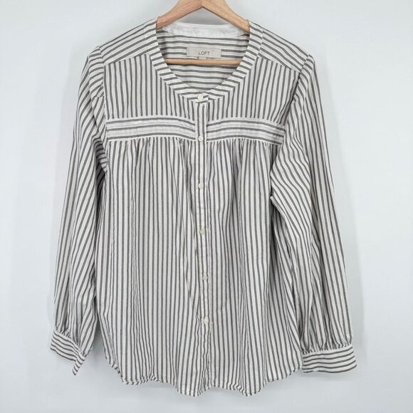 Loft Womens Striped Button-Down Blouse size XL Cotton gray gold metallic - Picture 3 of 14